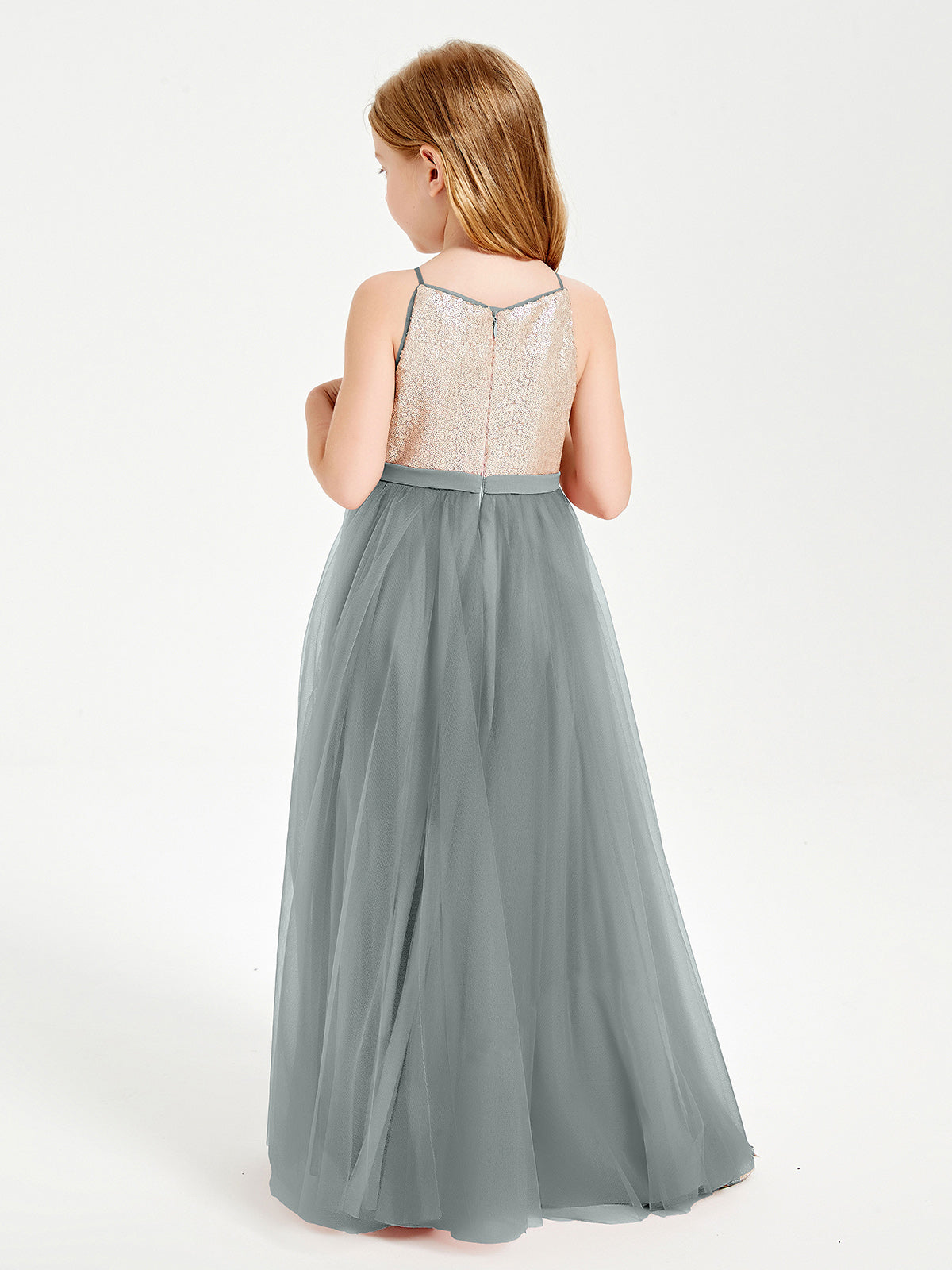 Sequined Top Long Tulle Junior Bridesmaid Gown Steel Grey